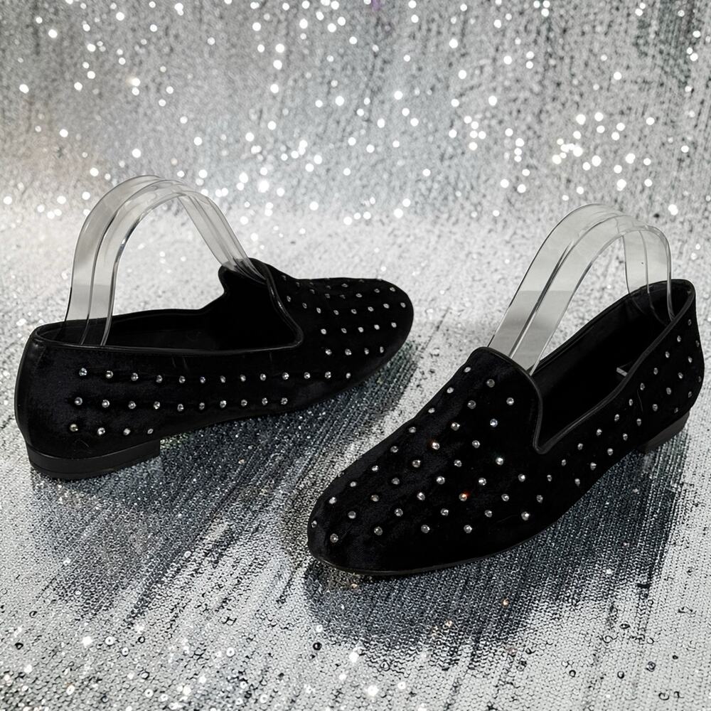 Jon Josef Women's 8.5M Black Velvet Rhinestones Leather Lining Loafers READ